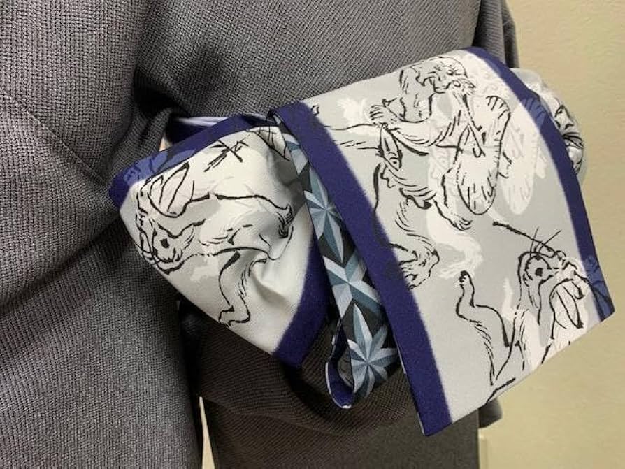 Amazon.co.jp: 撫松庵リバーシブル半幅帯 鳥獣戯画 裏 切子柄